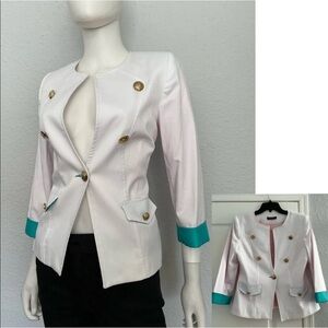 NEW WOMEN BLAZER 3/4 SLEEVES ONE BUTTON JACKET LINED WHITE COLLARLESS ROUND NECK